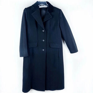 Evan Picone Long Black Merino Wool Coat 8 Pockets Velvet Old Money Classic